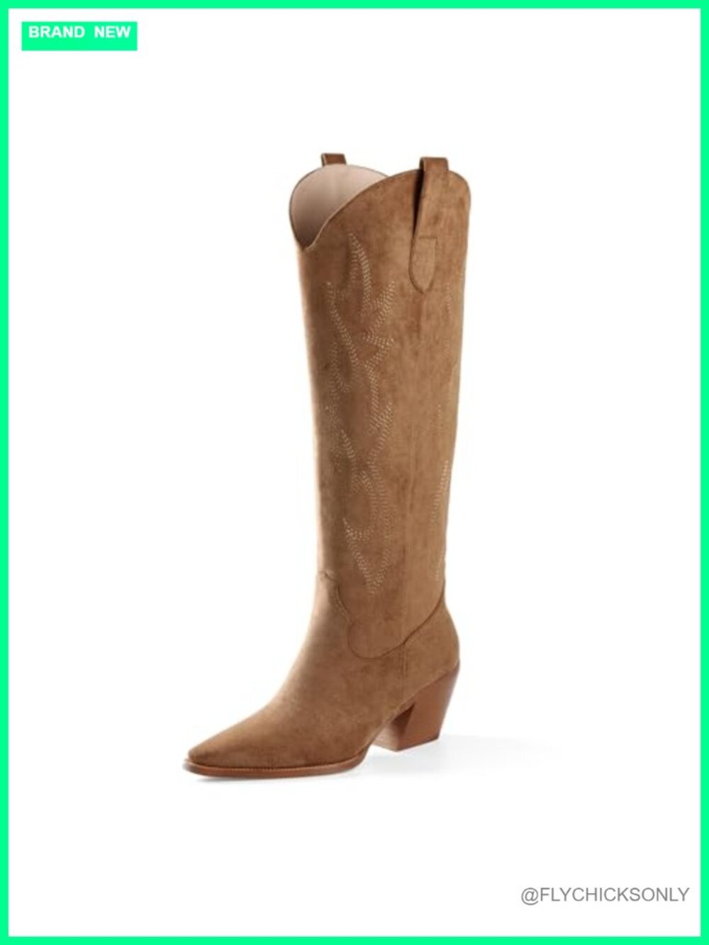 Knee High Cowboy Boots Pointed Toe Block Heel Faux Suede Embroidered
